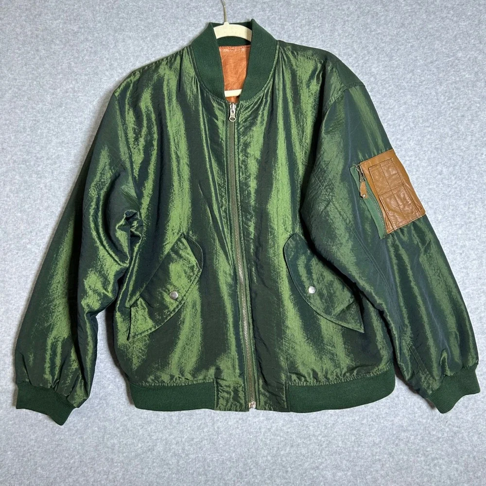 VTG 80s Reversible MA-1 Bomber Jacket Green Orange Made in Korea Flight L Gorp